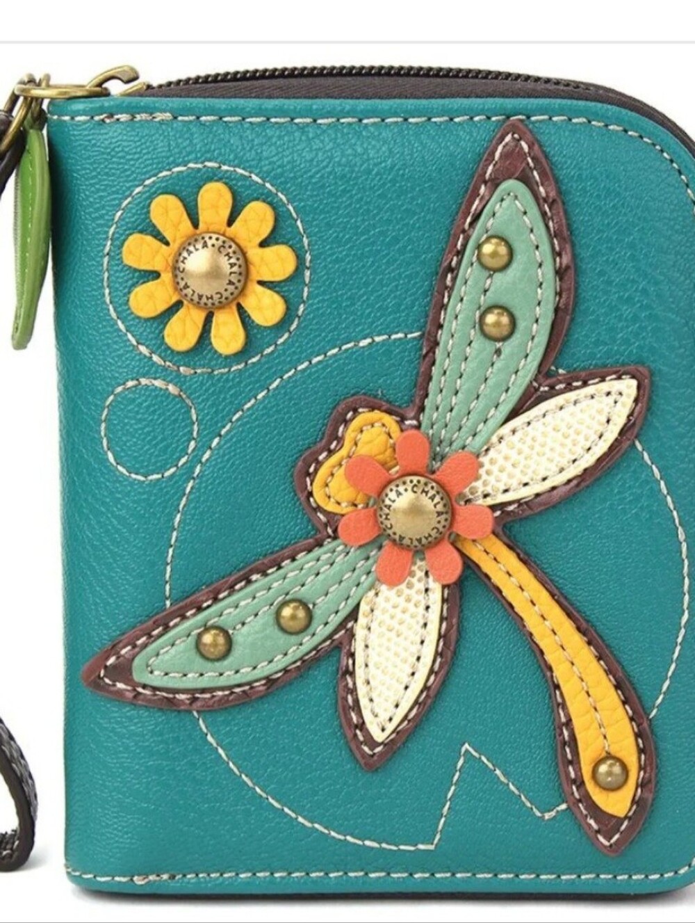 Chala Teal Zip Wallet with Dragonfly and Floral Appliqué